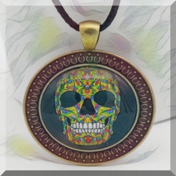 Rose Sugar Skull Cabochon Unisex Pendant Necklace - Picture 2 of 5